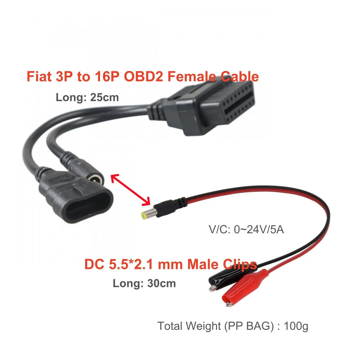 for Fiat 3P 3Pin to 16Pin OBD2 Cable Female Plus DC 55x21 Battery Clips Male Cable