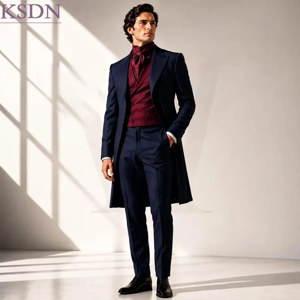 Luxury Frock Coat Men's Suits Long Navy Blue Trenchcoat Pants Vest Burgundy Vest 3 Piece Elegant Retro  Male Clothing Sets