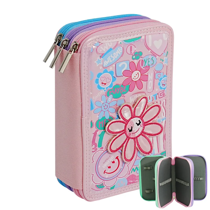 52-Compartment Design with Heart, Flower, and Mermaid Patterns, Three-Layer Zipper Pencil Case with Compartmentalized Design, Portable Large-Capacity Stationery Storage Box for Students, Specially Designed for Art Students