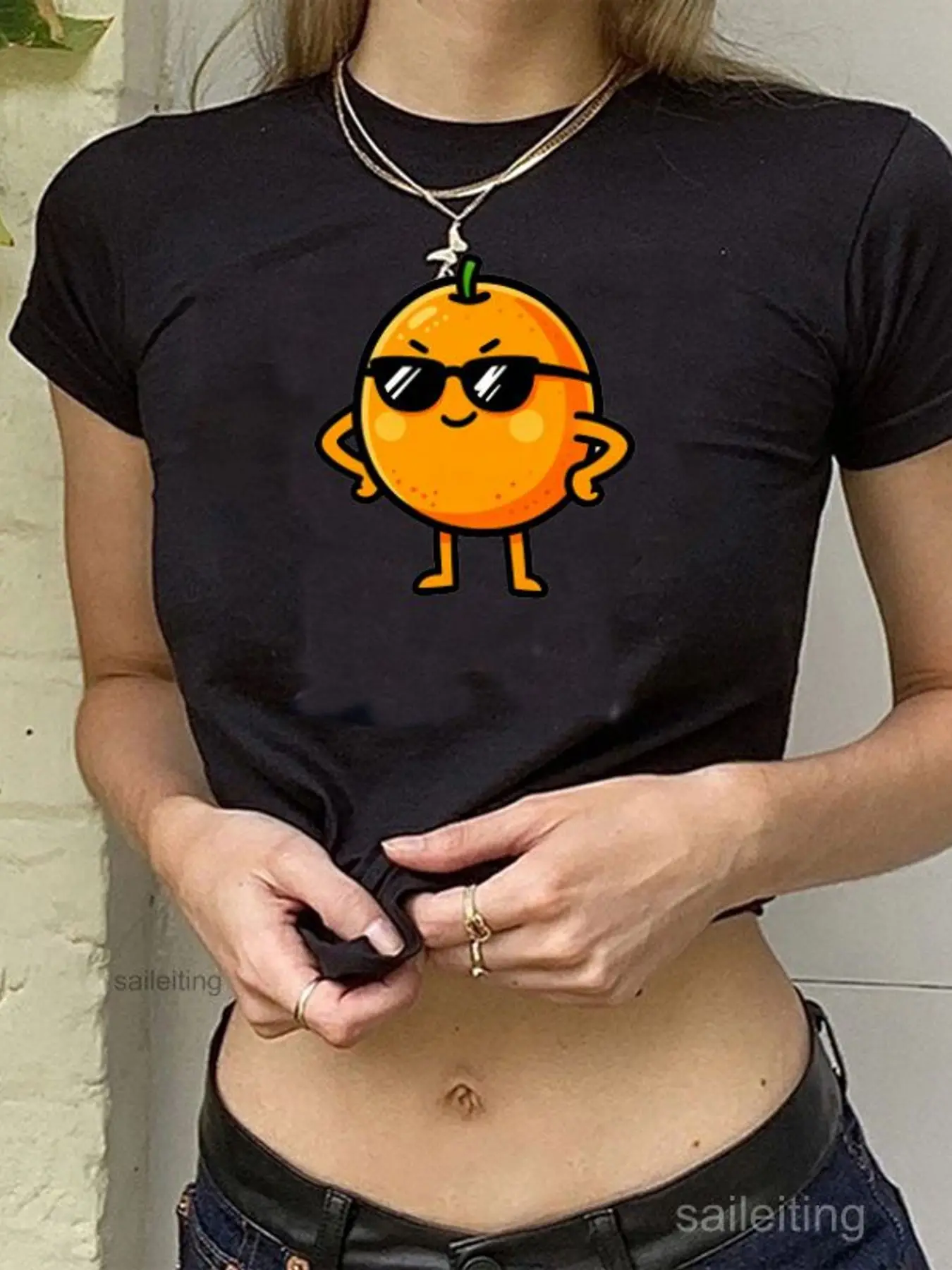 Women's White Crop Top T-Shirt with Cartoon Orange Character Print Short Sleeve Casual Streetwear Pop Art Aesthetic Tee