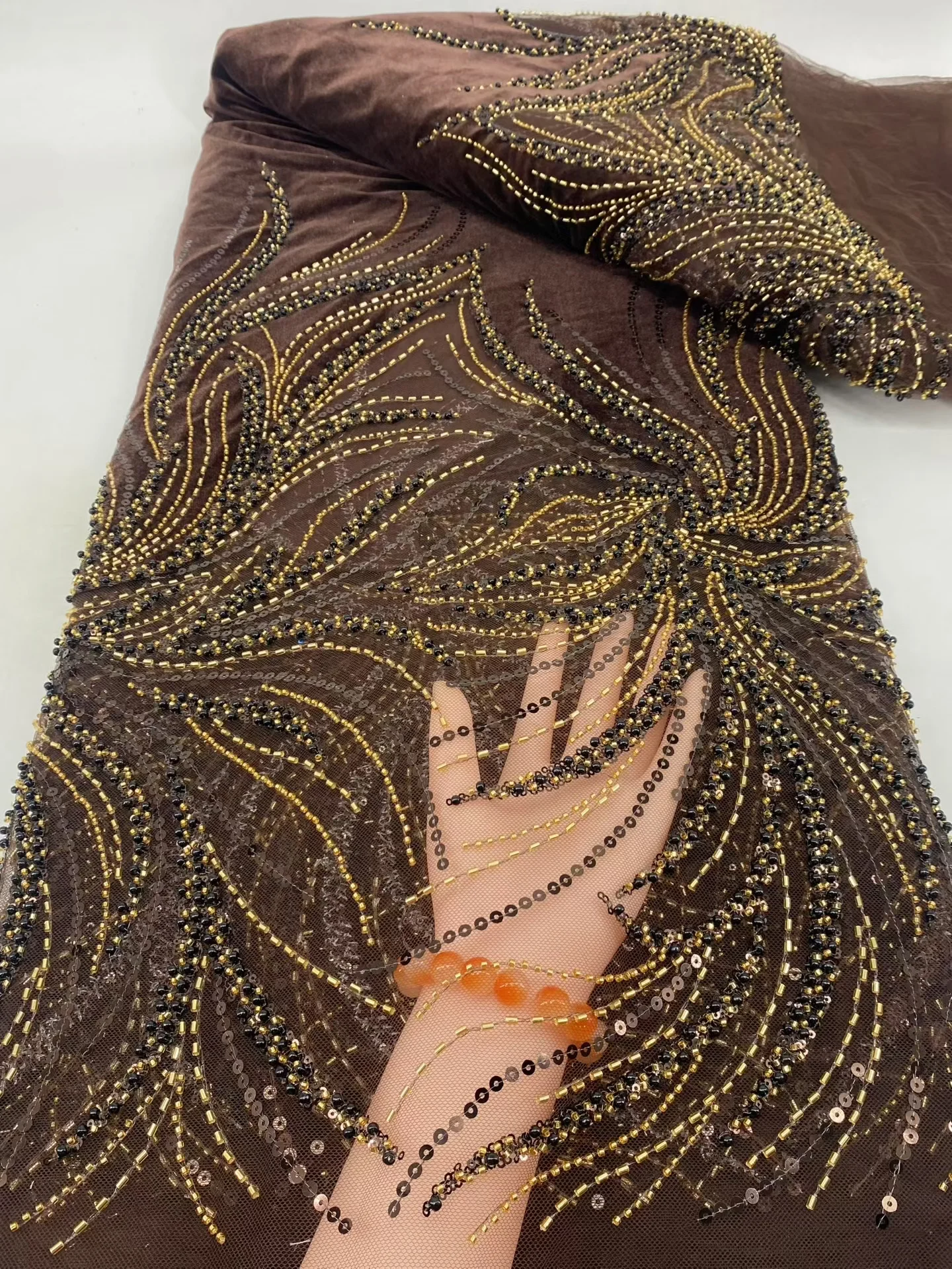 5야드 나이지리아 벨벳 스팽글 레이스 원단 고품질 아프리카 튤 수제 비즈 장식 네트 레이스 파티 드레스용 2025 녹색 Hm106-1