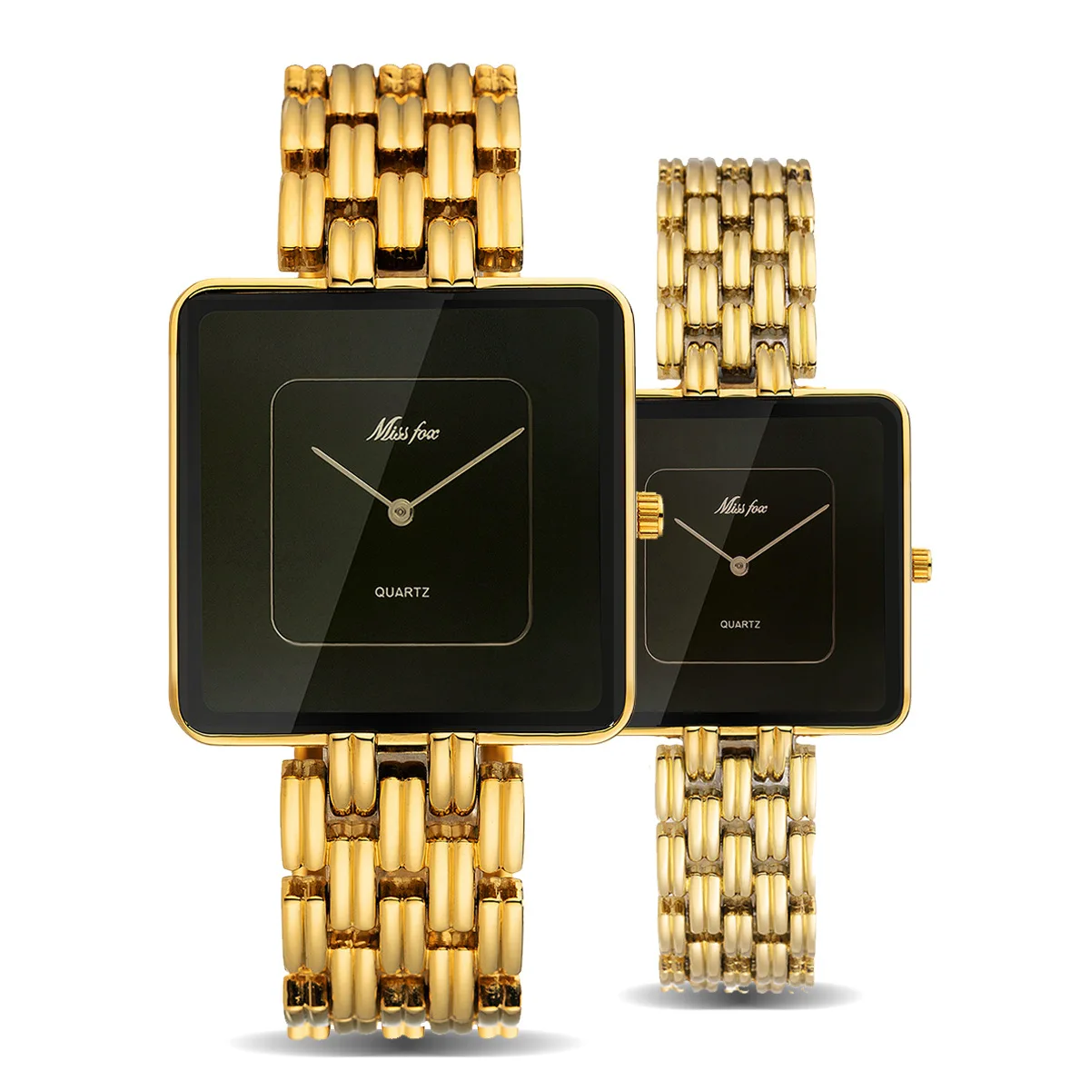 Reloj de tendencia caliente con esfera grande simple, cuarzo cuadrado dorado negro para mujeres y hombres, correa de acero, resistente al agua para mujeres y reloj