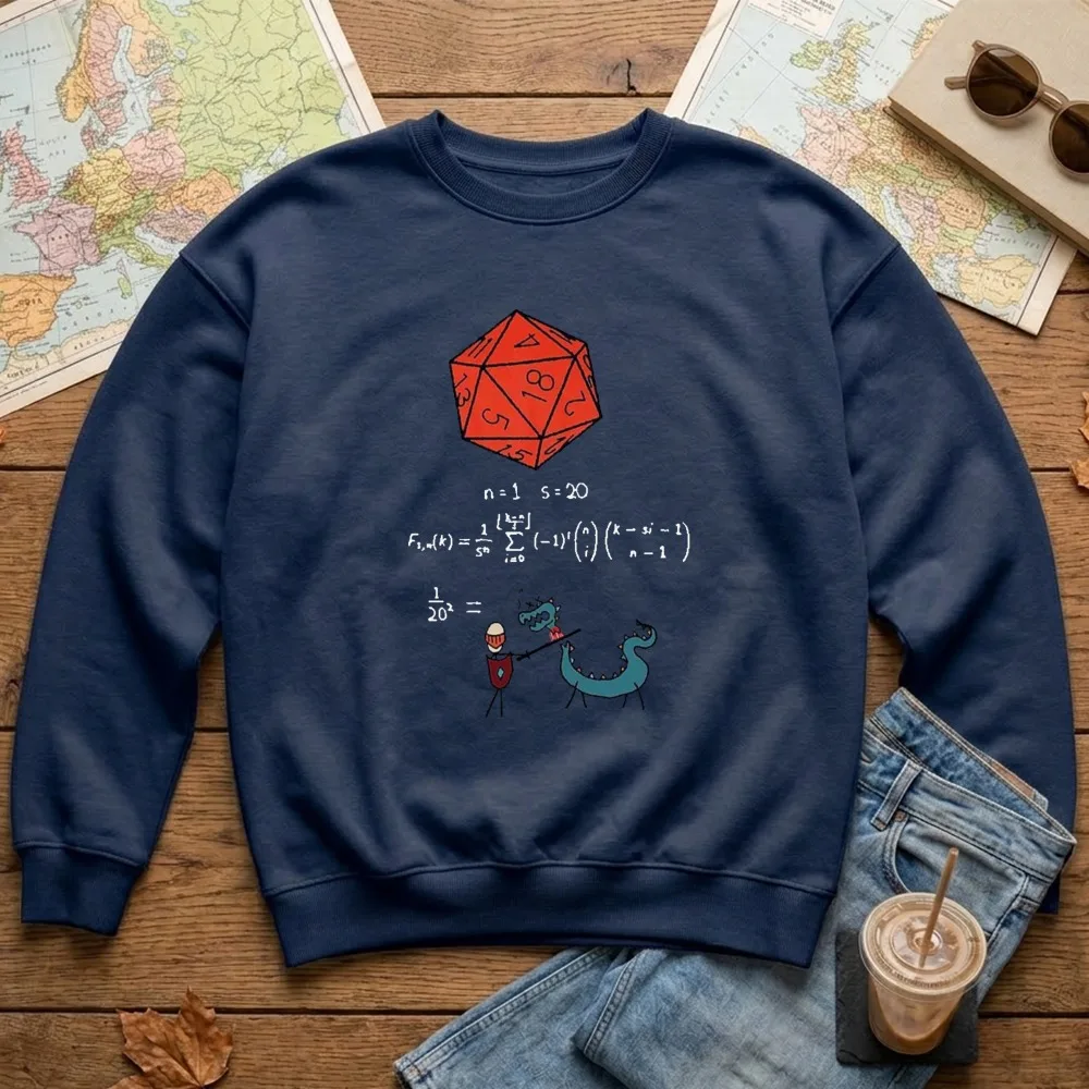 D20 Dice Math Formula Graphic Men's Sweatshirt Funny RPG Gamer Dungeon Dragon Crewneck Pullover Geek Retro Tabletop Jumper