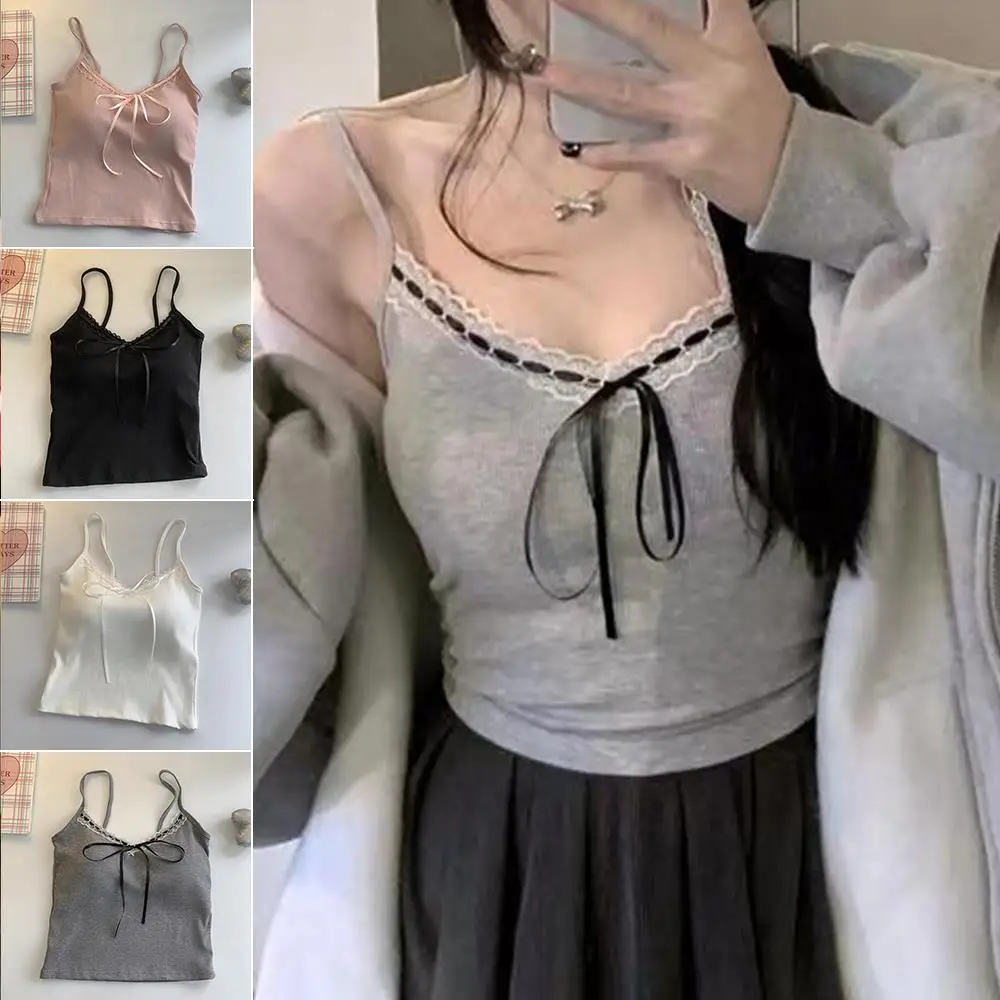 

Sling Vest Inner Pad Lace Trim Strap Vest Beautiful Short Style Spicy Girl Butterfly Knot Back Women's Sweet Pure Desire Top