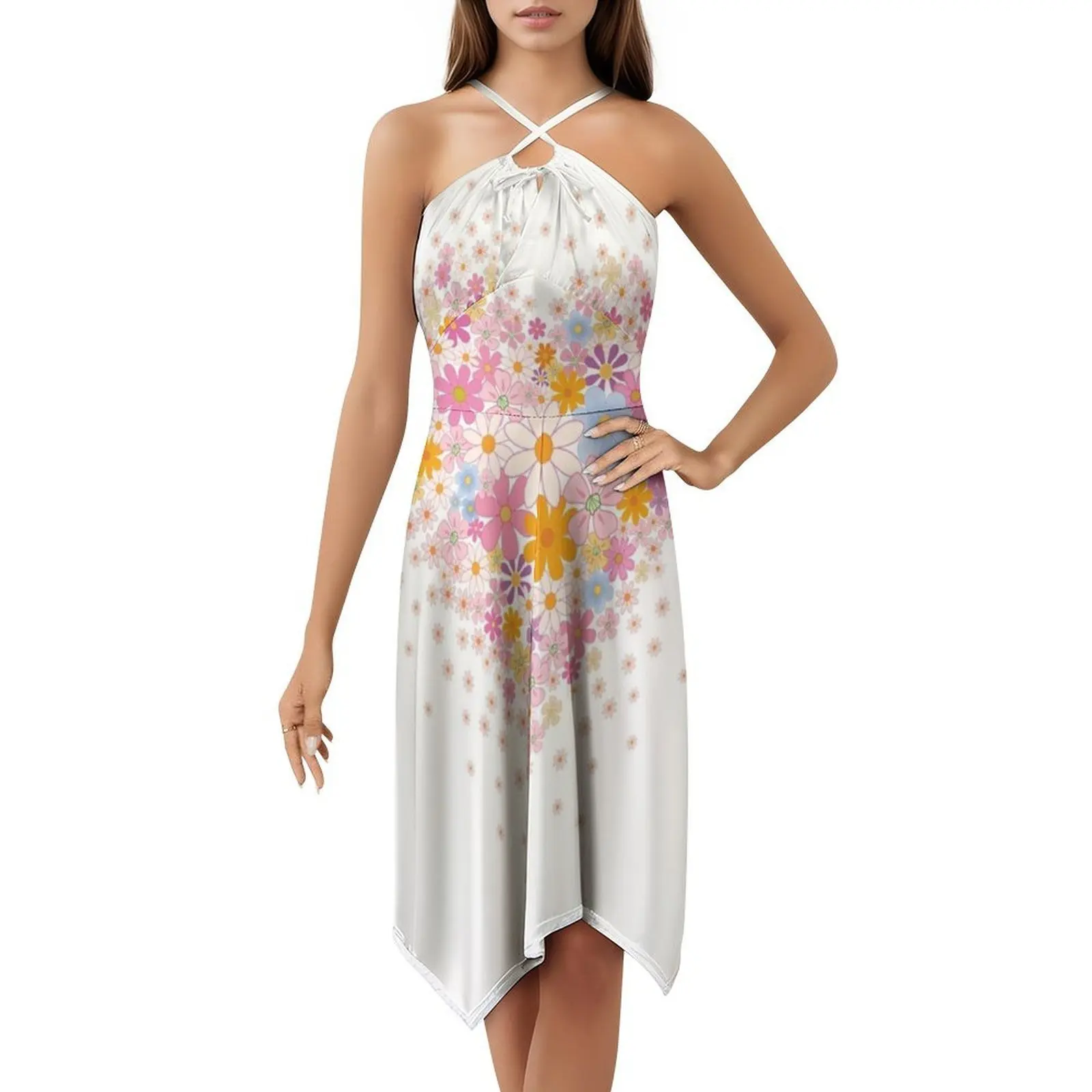 فستان على الطراز الكوري على شكل قلب وزهور 1 للنساء فستان كاجوال أنيق للحفلات أو الارتداء اليومي على شكل قلب زهور الهبي سعيدة #5