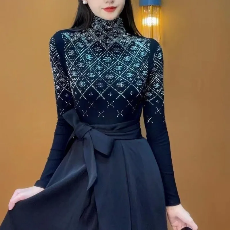 Women's Autumn Winter Pullover Half High Neck New Diamonds Hot Diamond Printing Fashionable Bottom Slimming Long Sleeved Tops