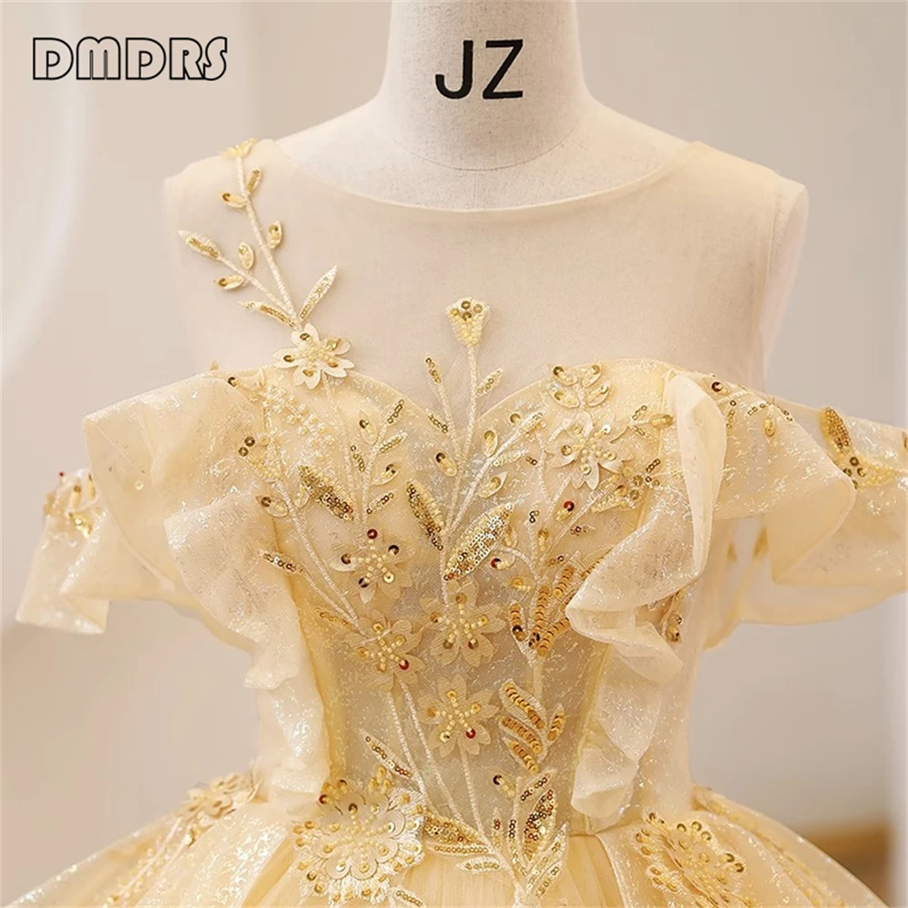 Sukienka z przezroczystym dekoltem Sweet 15. dla kobiet. Żółta tiulowa suknia balowa Prom Formal Dresses Off Shoulder Lace Appliques Party Gown