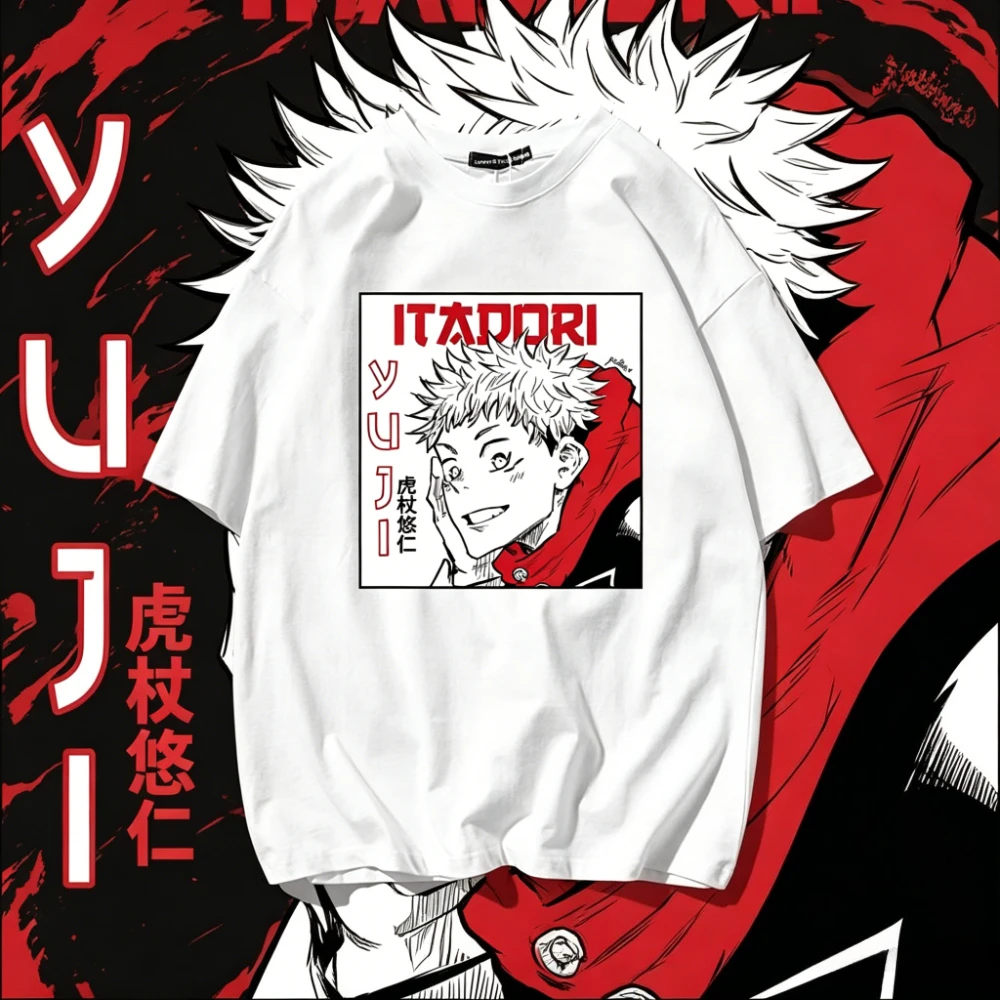 Jujutsu Kaisen Itadori Yuji Manga Square Print T-shirt Men Women Oversized Short Sleeve Tees Anime Streetwear Casual Couple Tops