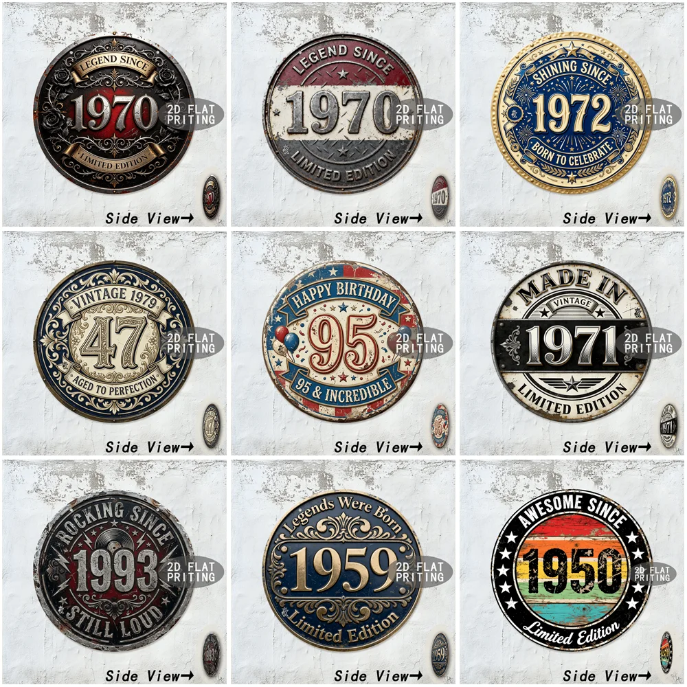 2D Flat Round Metal Tin Sign Vintage Retro Limited Edition Year Number Birthday Letter Text Wall Decor Plaque For Home Cafe Ba
