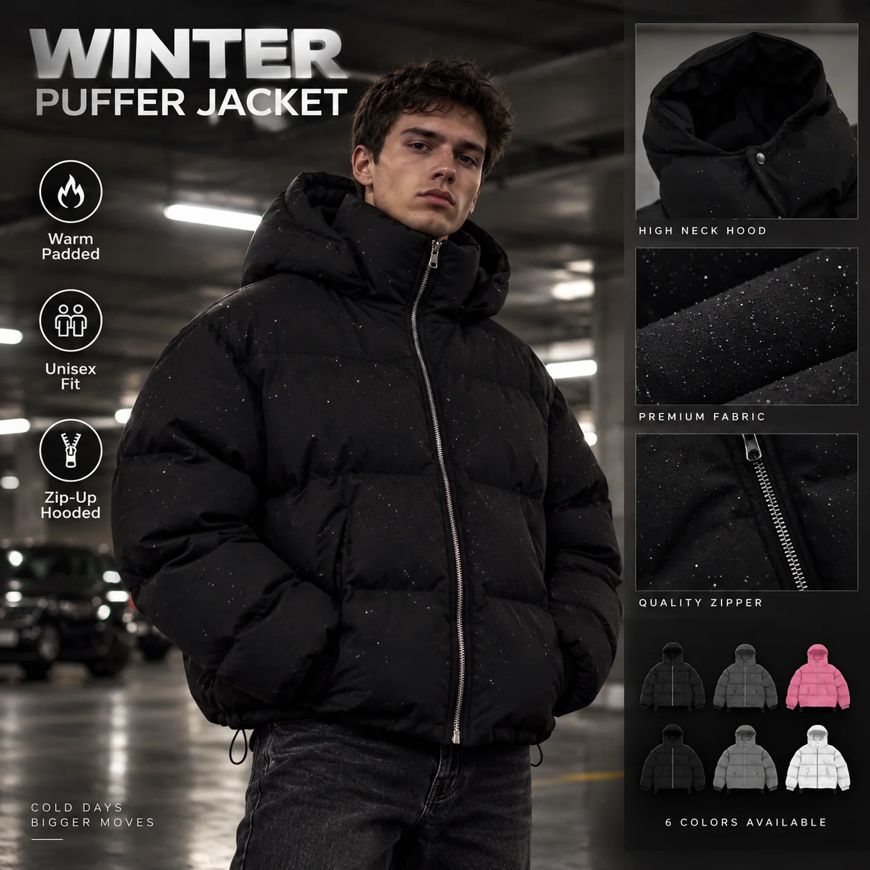 Unisex Winter Puffer Jacket Oversized Hooded Coat Warm Thick Zip Up Casual Streetwear Outerwear