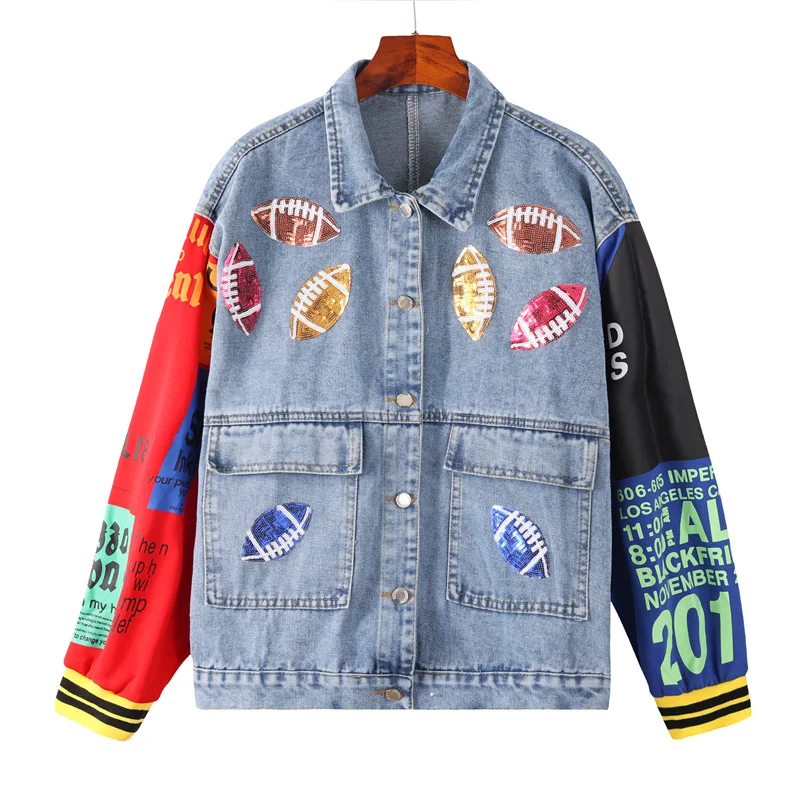 Autumn New Turn-Down Collar Geometric Long Sleeve Fashion Streetwear Jackets Patchwork Color Sequins Hip Hop Women's Denim Coats