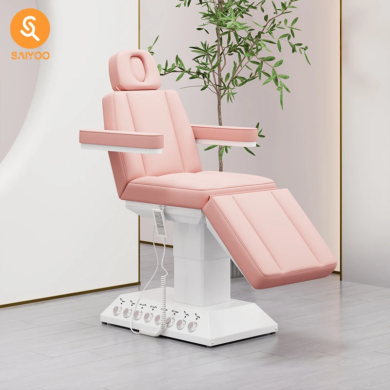 

Pink Leather Electric Massage Table With White Base Remote Control and Foot Pedal