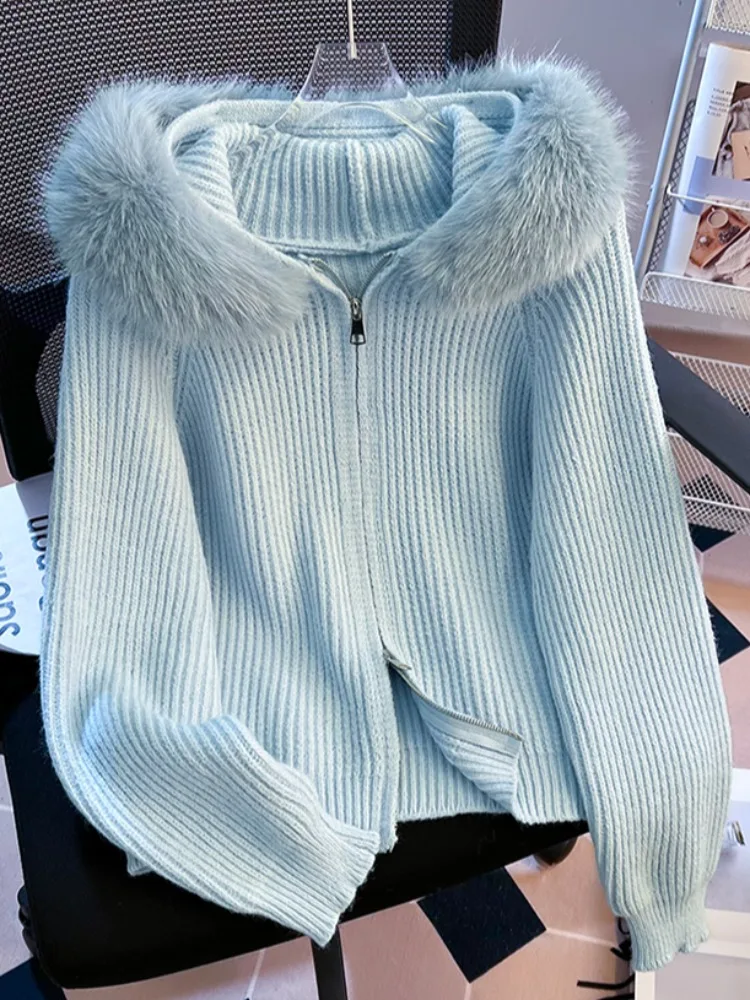 

Женский вязаный кардиган, пальто с двойной молнией и большим меховым воротником, осень-зима, теплый свободный крой, длинный цвет све