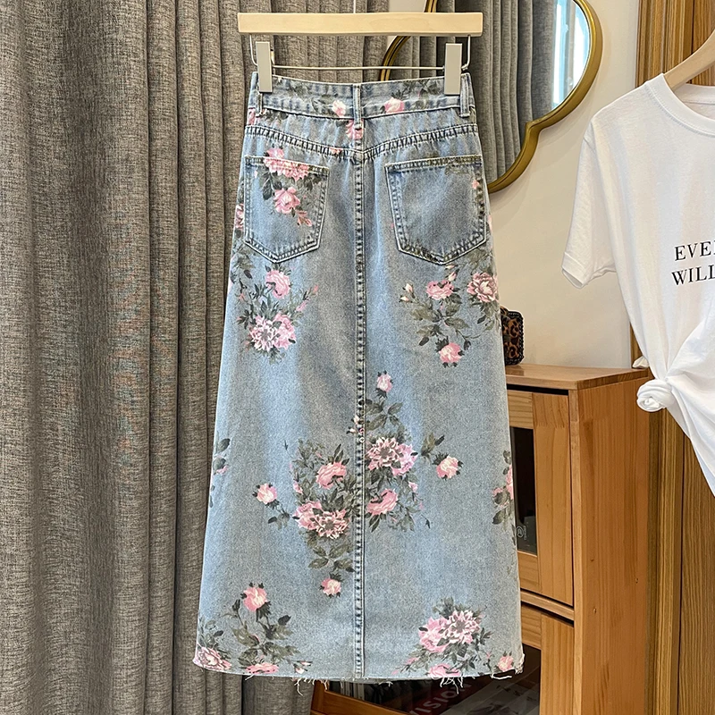 Elegant Floral Print Denim Skirt Women 2023 New Spring Summer Long Jeans Skirt High Waist Sexy Side Split Vintage Party Skirts