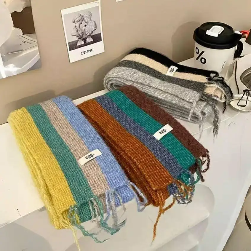 

Korean Long Knitted scarf For Women Winter Warm Woolen Striped Scarf Windproof Neck warmer Outdoor Narrow Long Scarf