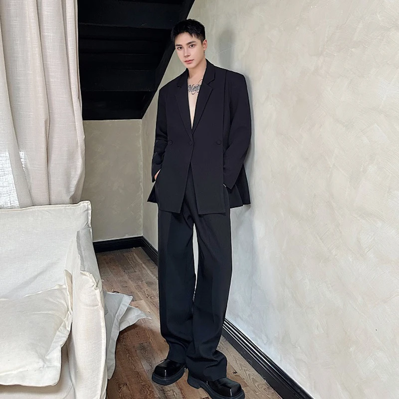 IEFB Autumn Minimalist Casual Male Suit Personalized Slit Blazer Temperament Straight Leg Pants Handsome Two Piece Set 9C7239