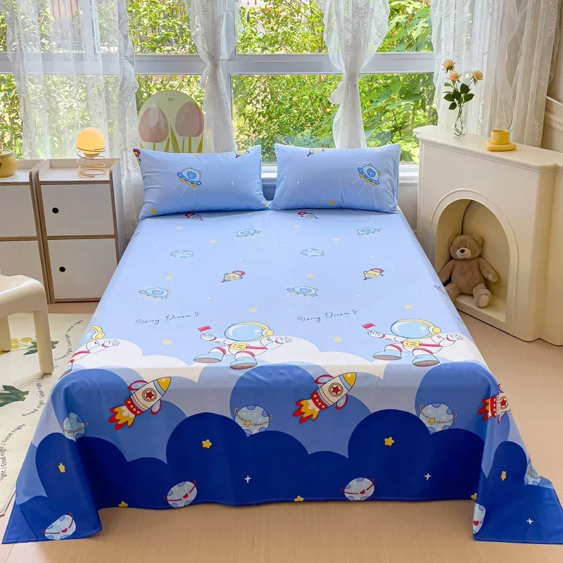 Cartoon Astronaut Bed Sheet Set for Kids Boys Soft Skin-friendly Cotton Bedding Set 3Pcs Rocket Spaceship Bed Sheets Pillowcases