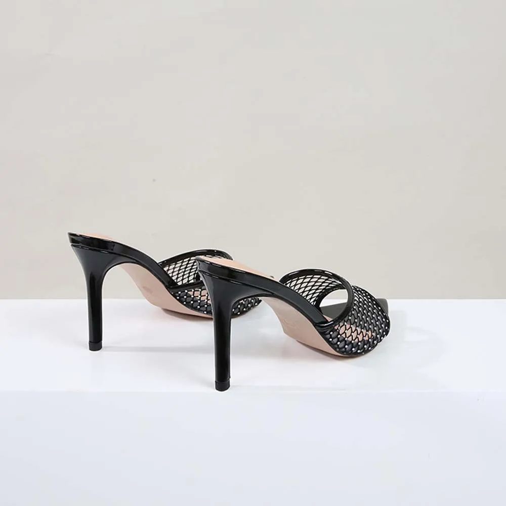 Women's Sparkly Rhinestone Mesh High Heel Peep Toe Stiletto Sandals Pointed Open Toe Backless Slippers Mules for Party Prom