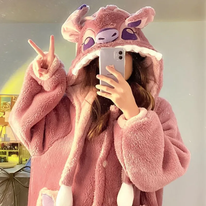 New Stitch Angel Couple Plush Hooded Pajamas Autumn And Winter Thick Fleece Nightgown Bathrobe Home Suit Set For Men And Women