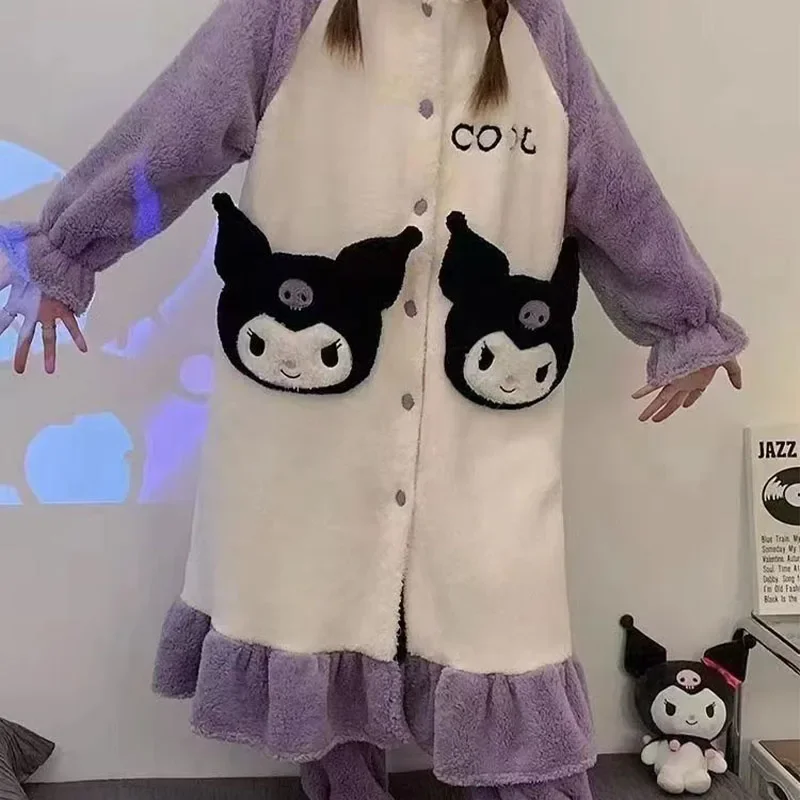 Cartoon Kuromi Coral Fleece Plus Velvet Thicken Nightgown Loungewear Girly Kawaii Winter Outdoor Long Style Hooded Home Clothes