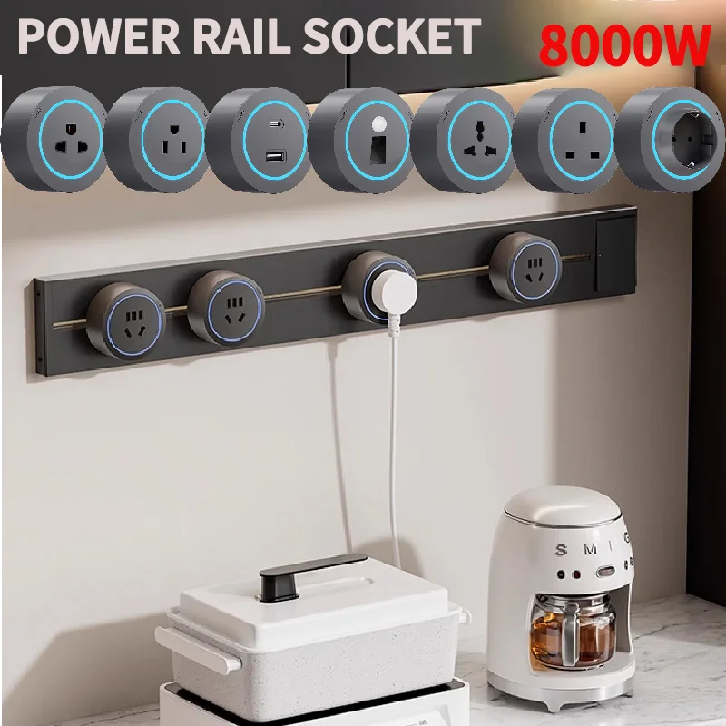 All-in-One Power Rail: 40-50cm Track w/ Movable EU/US/UK Sockets & 8000W USB-C PD - Smart Control High-End Home
