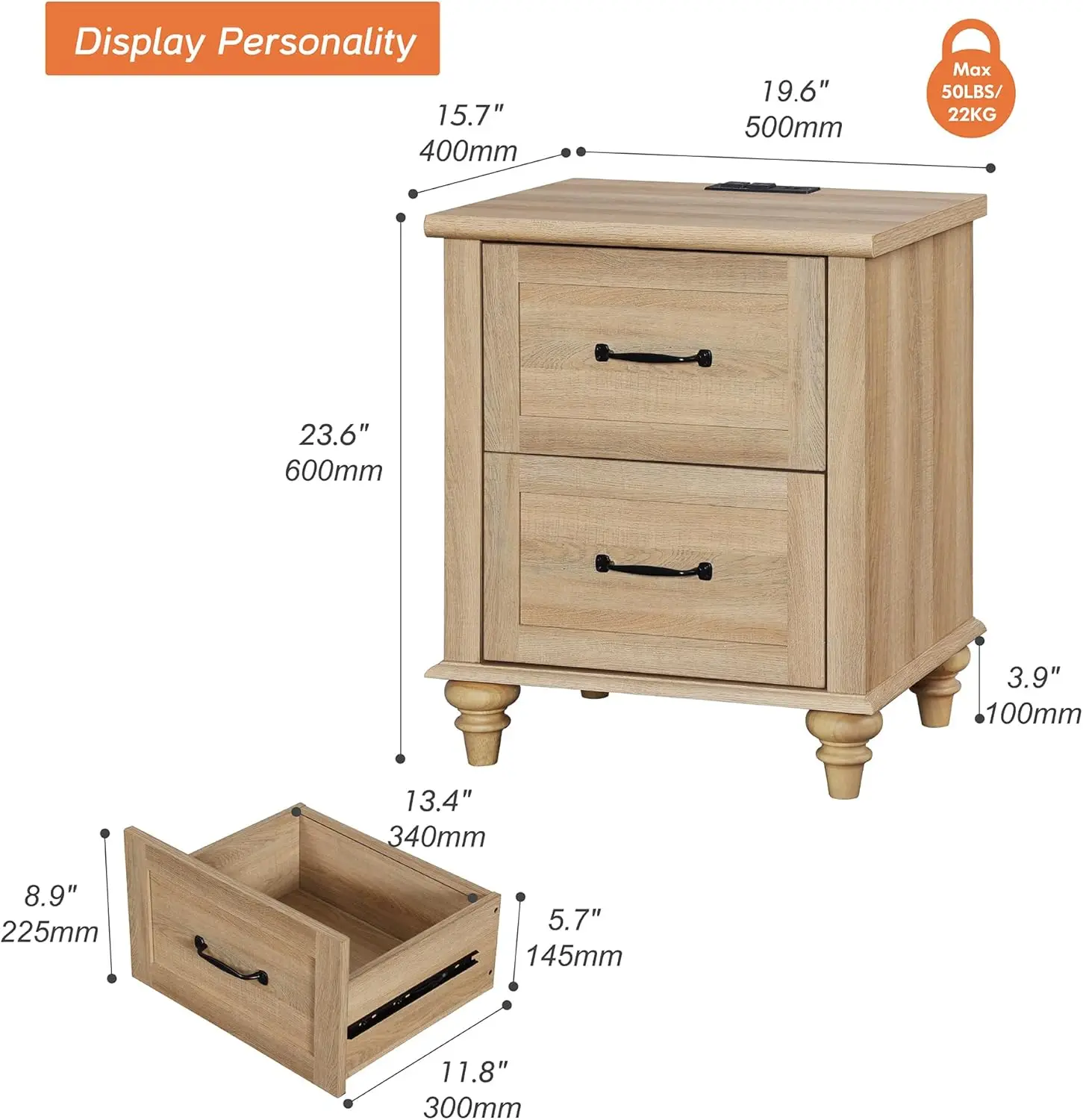 

Nightstand Side Table with Charging Station, Light Wood End Table with 2 Drawers for Living Room, Farmhouse Night