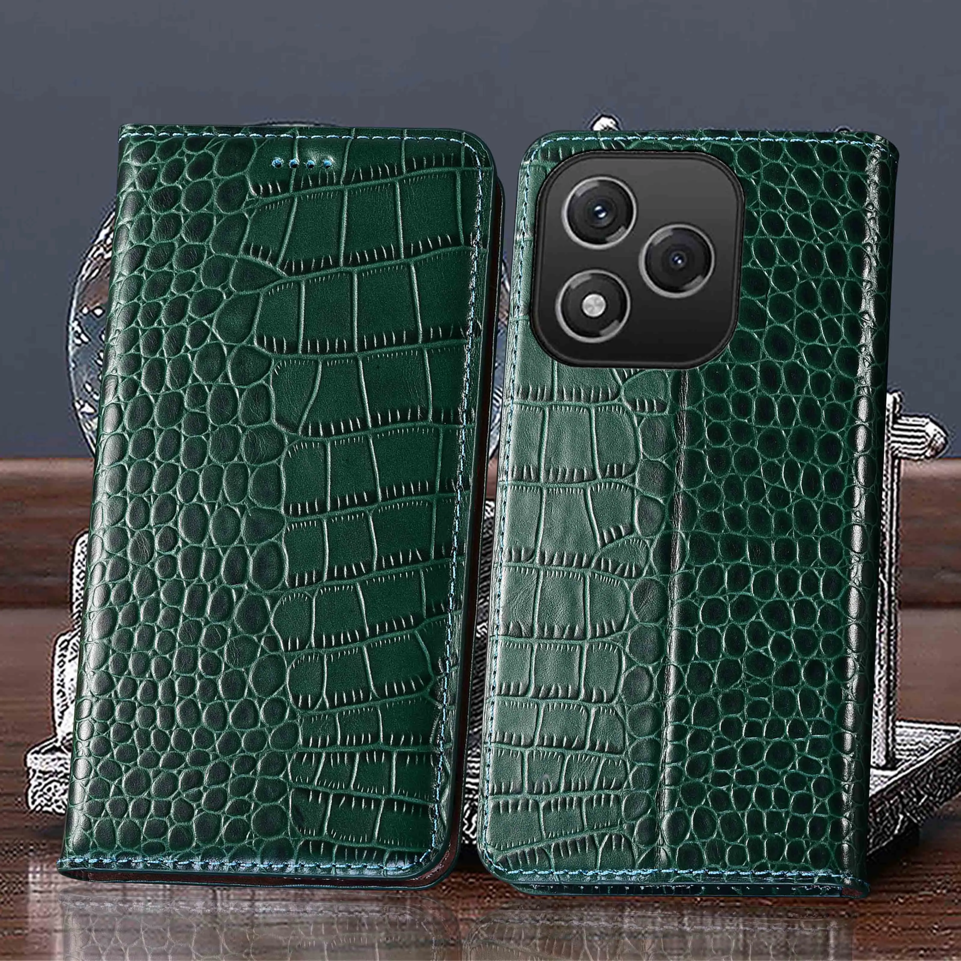 For Honor 80 90 100 200 300 400 500 600 Pro Lite Ultra Smart SE GT Crocodile Pattern Genuine Leather Flip Phone Case Cowhide