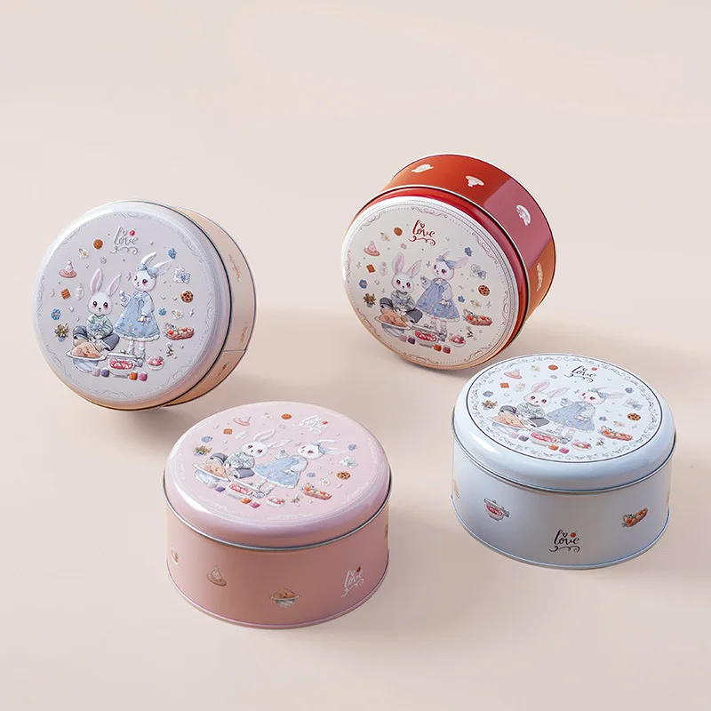 1PCS Cartoon Rabbit Tin Storage Box Round Cookie Tinplate Can Jewelry Box Metal Packaging Gift Box Candy Box for Wedding Party