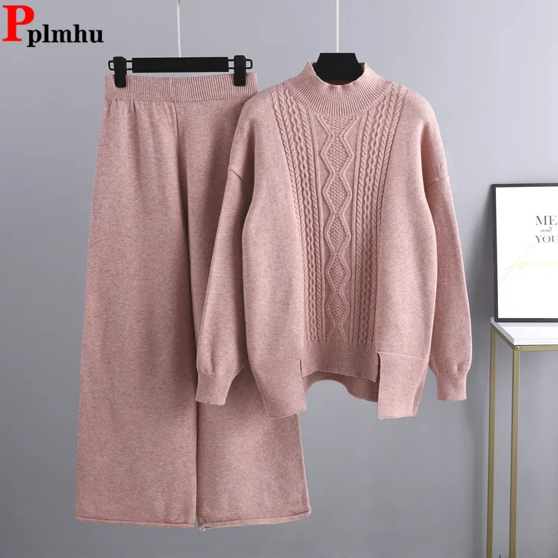 Fall Winter Knitted 2 Piece Sets Women Turtleneck Knitwears Pullover Sweate Tops Outfit Elastic High Waist Sweatpants Conjuntos