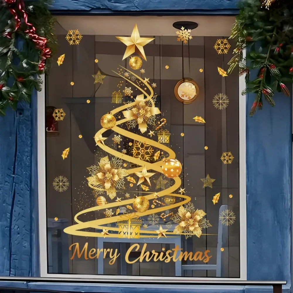 Golden Christmas Tree Printed Electrostatic Sticker Decoration Sticker for Bedroom Living Room Window Decoration