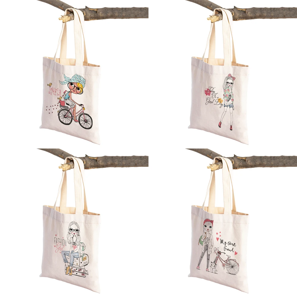 Fashion Lovely Child Gift Shoulder Handbag Reusable Cute Cartoon Girl  Double Sided Print Casual Canvas Shopping Tote Bag