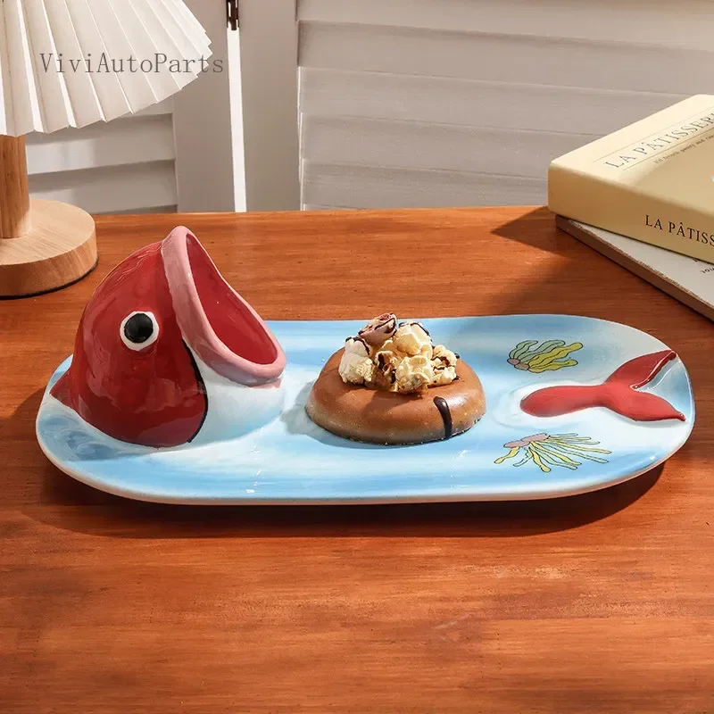 Japanese Style Funny Big Mouth Shark Ceramic Plate, Cartoon Dipping Sauce Dish, Household Dumpling Salmon Sushi Fries Vinegar