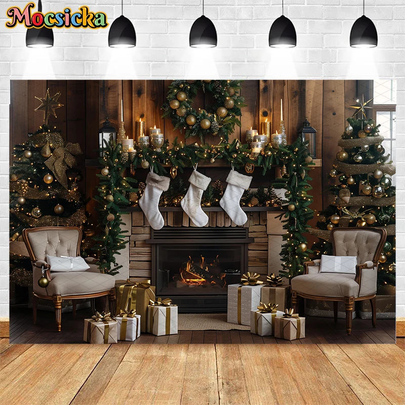 Mocsicka Merry Christmas Photography Backdrop Winter Xmas Tree Fireplace Decor Holiday Party Kid Adult Portrait Photo Background