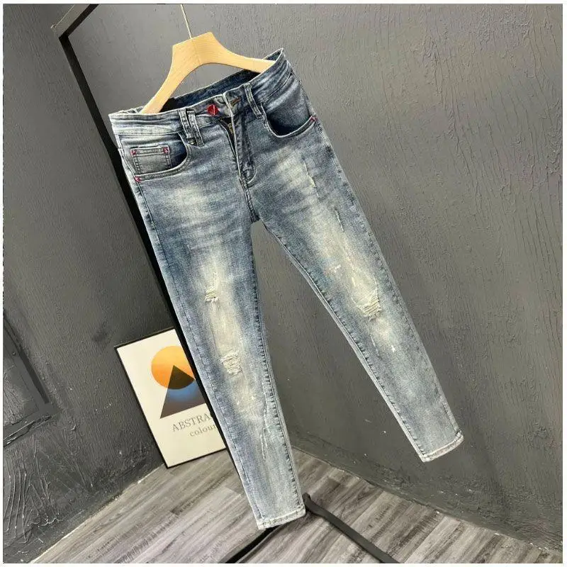 Elegant Fashion Harajuku Slim Fit Elastic Light Colored Jeans Thin Style Korean Version Cropped Pants Cotton All Match Trousers