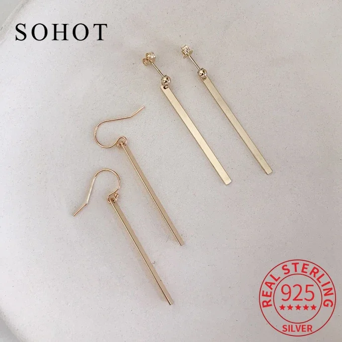 Real 925 Sterling Silver Minimalist Long Strip Pendant Stud Earrings for Women Party Trendy Fine Jewelry Geometric Accessories
