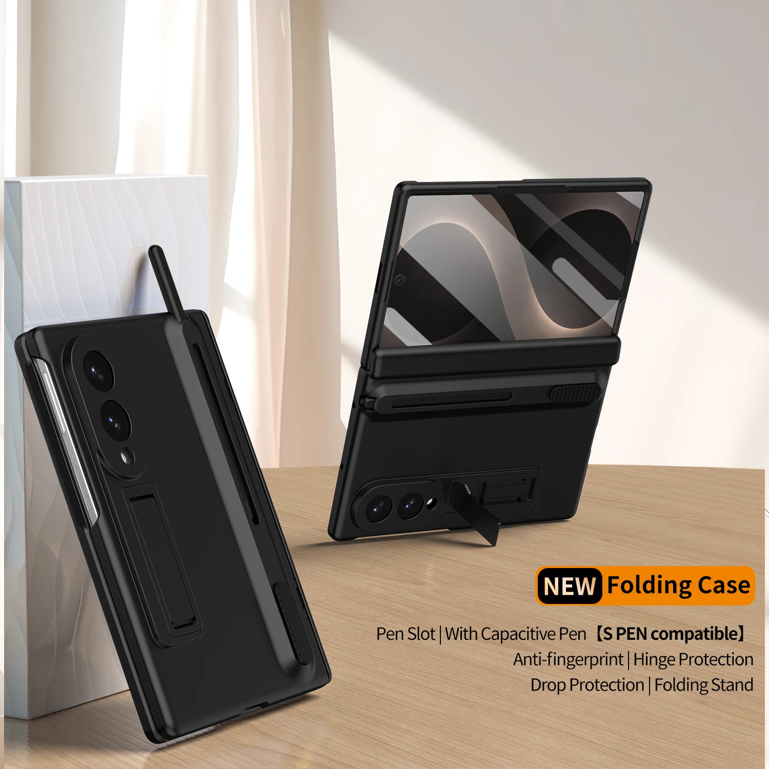 

Stand Flip Case For Samsung Galaxy Z Fold 8 Wide Folding Hinge S Pen Holder Kickstand Glass Screen Film Shockproof Plastic Cover