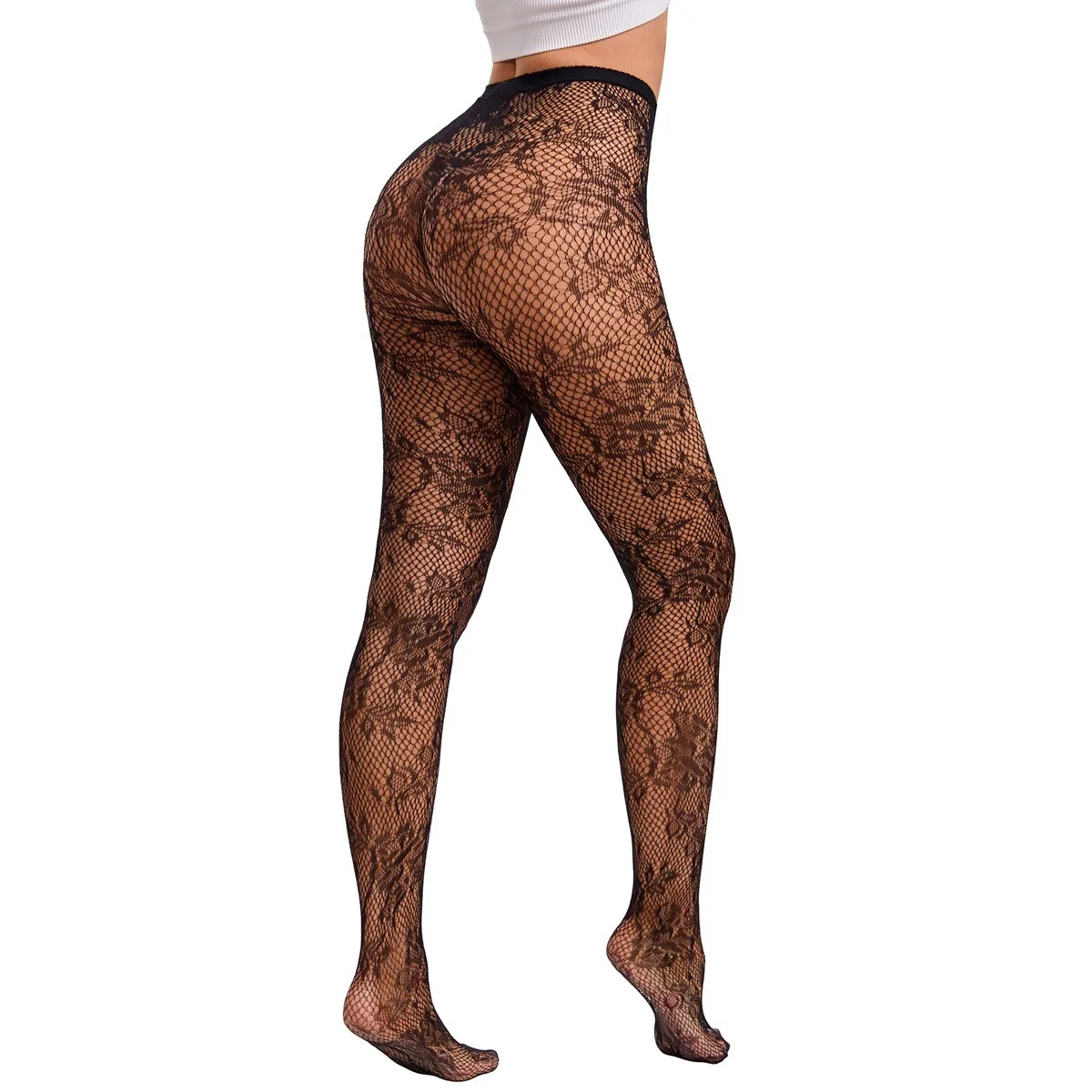 Trendy Women's Branches Patterned Colored Lace Fishnet Tights Y2K Branch with Leaves Pattern black Fishnets Ladies Net Pantyhose