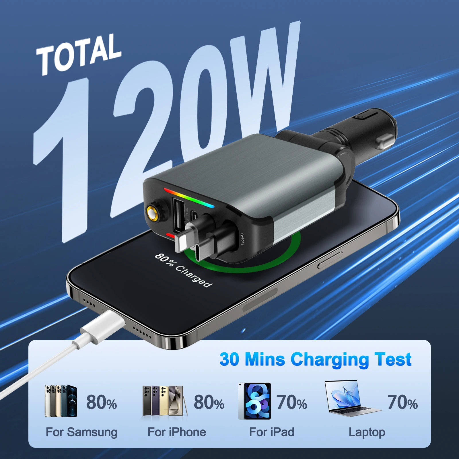 4 في 1 شاحن سيارة جديد قابل للسحب مع ضوء النجوم، محول شاحن سيارة سريع 66 وات USB C مع منفذي USB شاحن هاتف السيارة