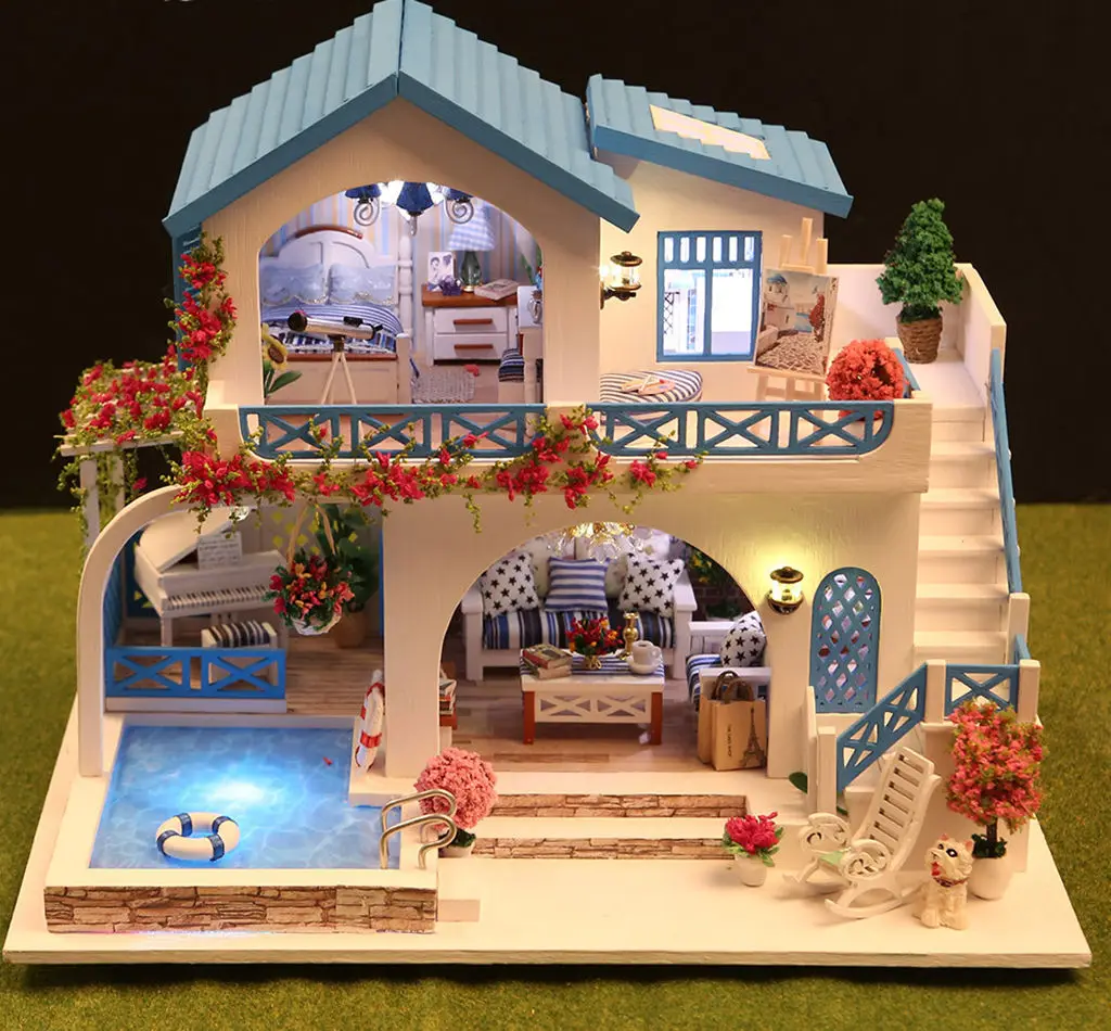 DIY الأزرق الأبيض مدينة فيلا 3D لغز خشبي الساحلية نمط اليدوية التجمع نموذج منزل مصغر هدية عيد ميلاد الإبداعية #1