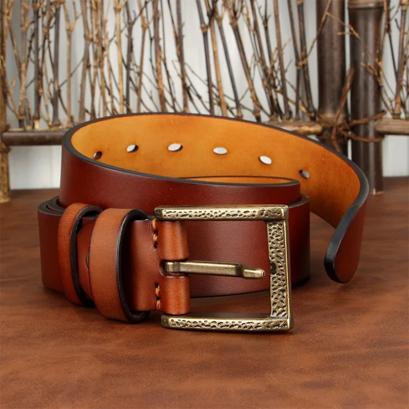 3.8cm Men's Thicken Genuine Leather Belt, Men's Casual and Fashionable Cowhide Copper Buckle Vintage Hammer Pattern Jeans Belts