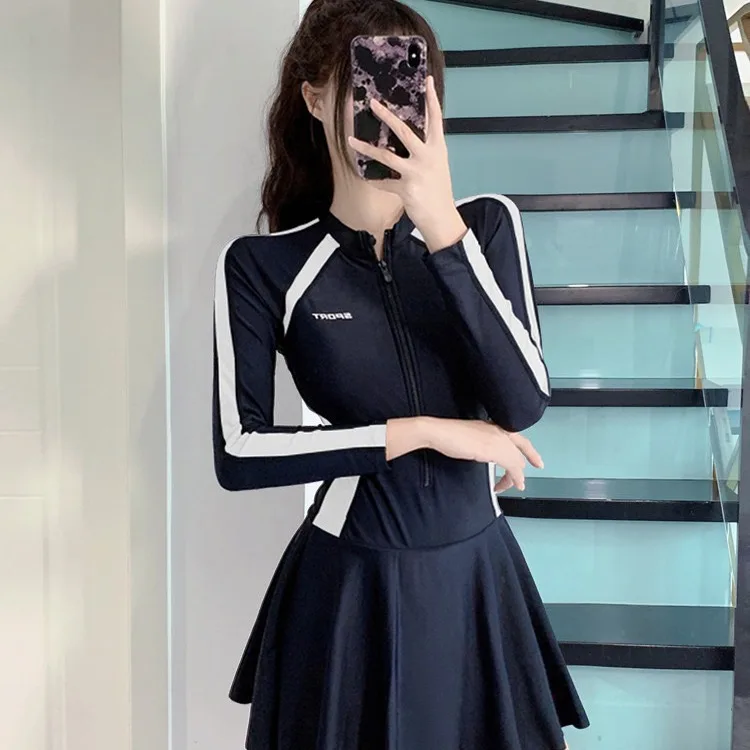 

New plus size women's dress one-piece fresh women's swimsuit conservative slim fit long sleeved hot spring swimsuit