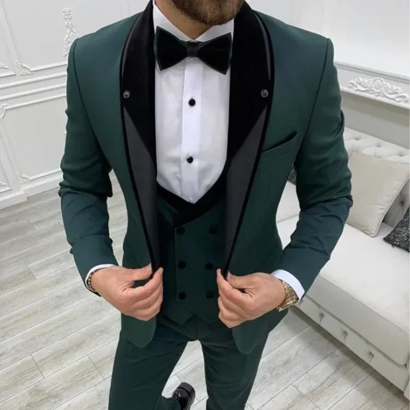 Tailored Green Splicing Shawl Collar Men'S 3Pcs Jacket Pants Vest Blazer Trousers Men Wedding Clothing Costume Homme Men'S Sets