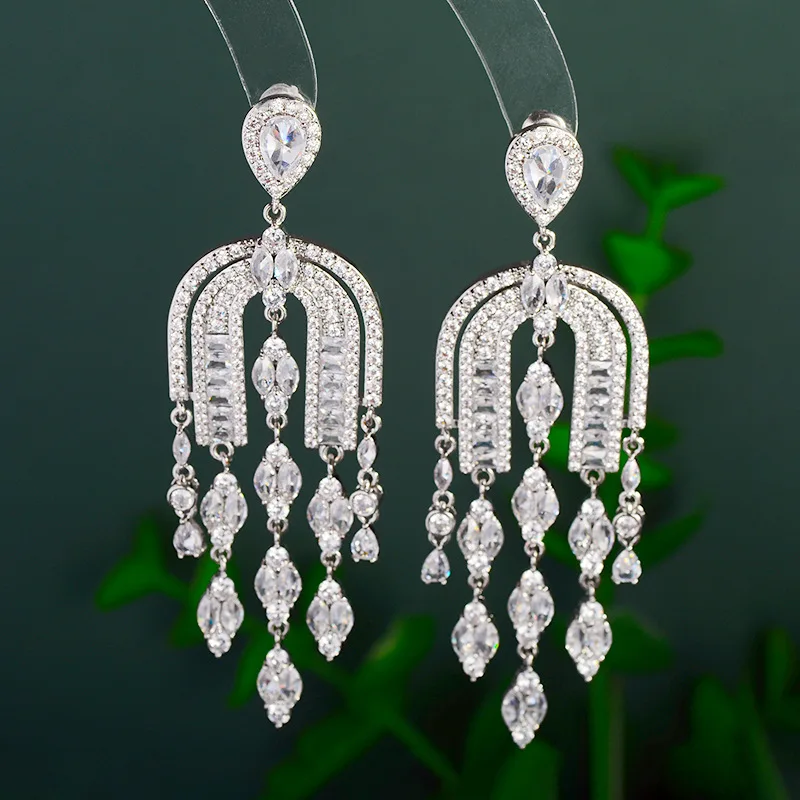 925 Silver Needle light luxury style long tassel earrings Pendant temperament bridal dress earrings zircon earrings