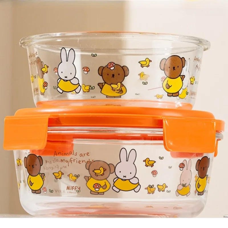 귀여운 미피 유리 도시락 전자레인지 사용 가능 학생/사무실용 음식 용기 누수 방지 뚜껑 재사용 가능한 신선 보관 식품 용기