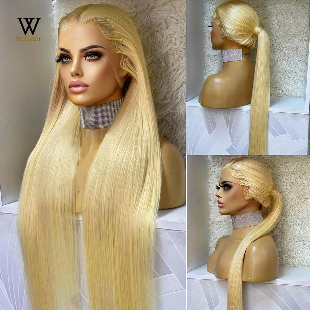 Websterwigs-peluca sintética con malla frontal para mujer, pelo largo y liso, 613 rubio miel, predesplumada