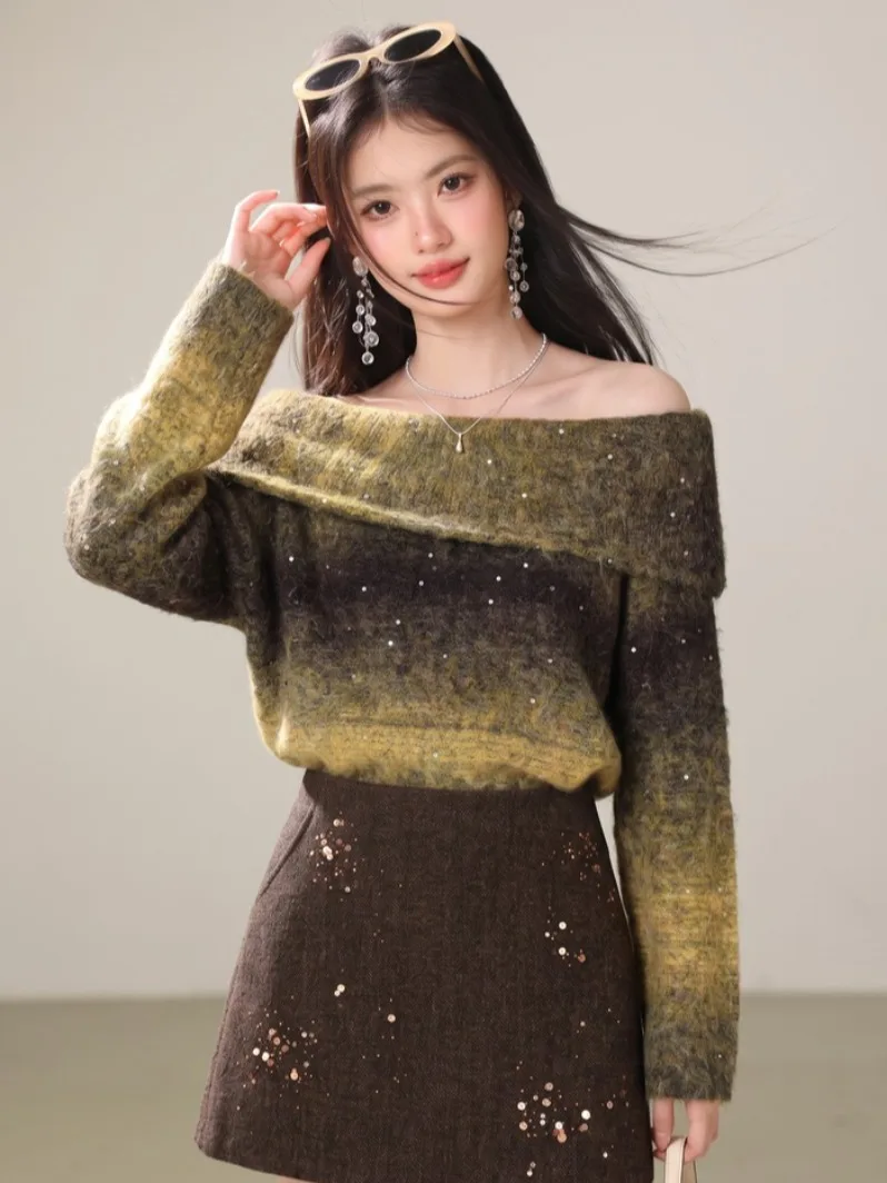 Gradual Blue Knitted Shoulder Bared Long Sleeve Sweater Women's Loose Fit Autumn Top Glittering Elegant Style Casual Wear