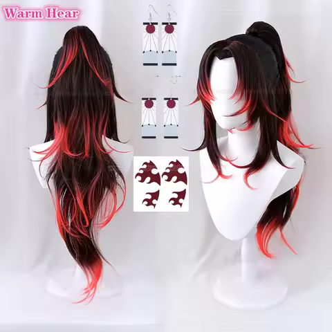 80cm Long Tsugikuni Yoriichi Synthetic Anime Black Red Wig Cosplay Anime Wig Heat Resistant Hair Halloween Party Wigs + Wig Cap
