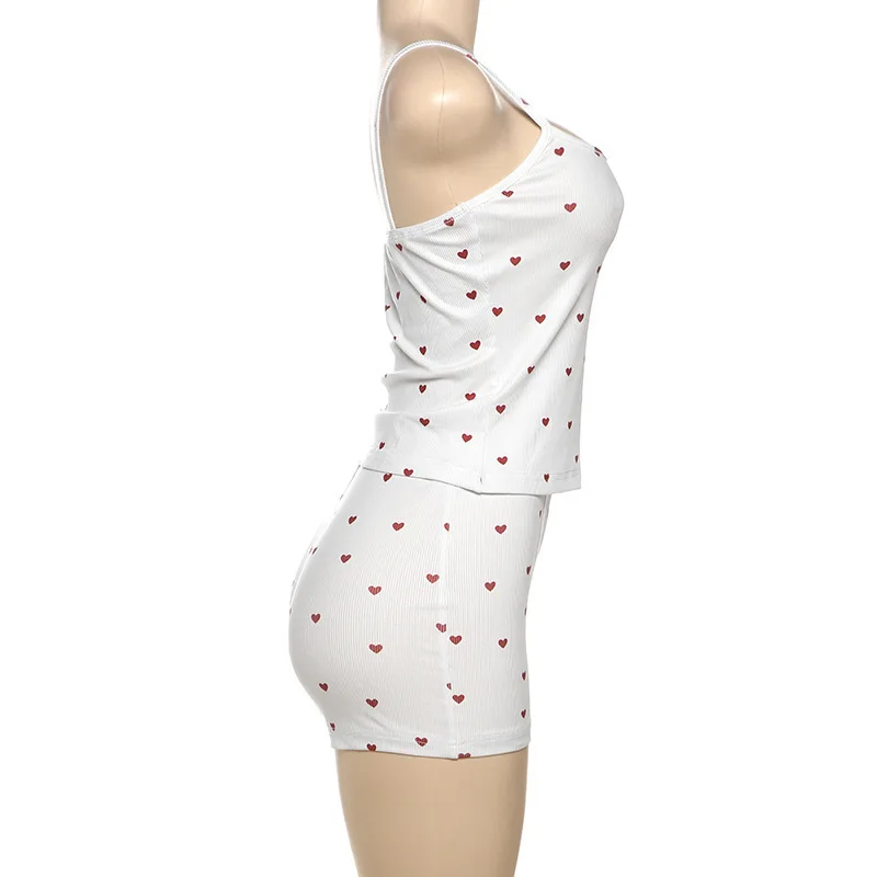 Set 2 Pieces Ribbed Printed Bizarre Cat Heart for Women, Casual Simple Tank Top + Slim Short, Daily Fashion, Extendable Basics