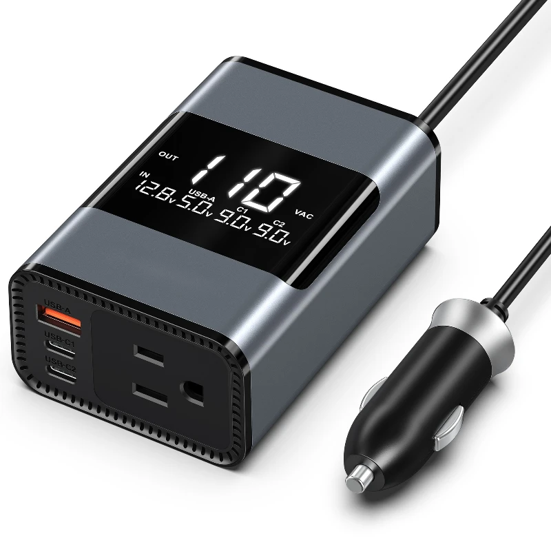 

200W large-screen digital display 12V to 110V US standard mini car inverter multi-function power station