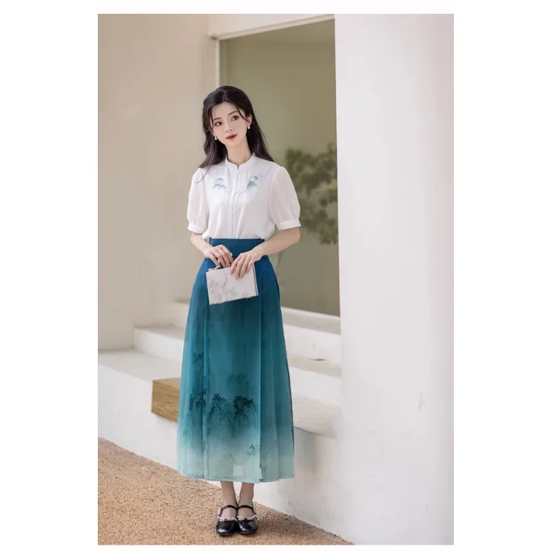 ChiXia Original Tencel Embroidery Short Sleeved Top Shirt Blue Horse Face Skirt Women 2023 Summer Improved Modern Hanfu Dresses